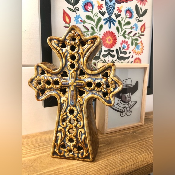 Ceramic Glazed Cross Votive Candle Holder - Picture 2 of 11
